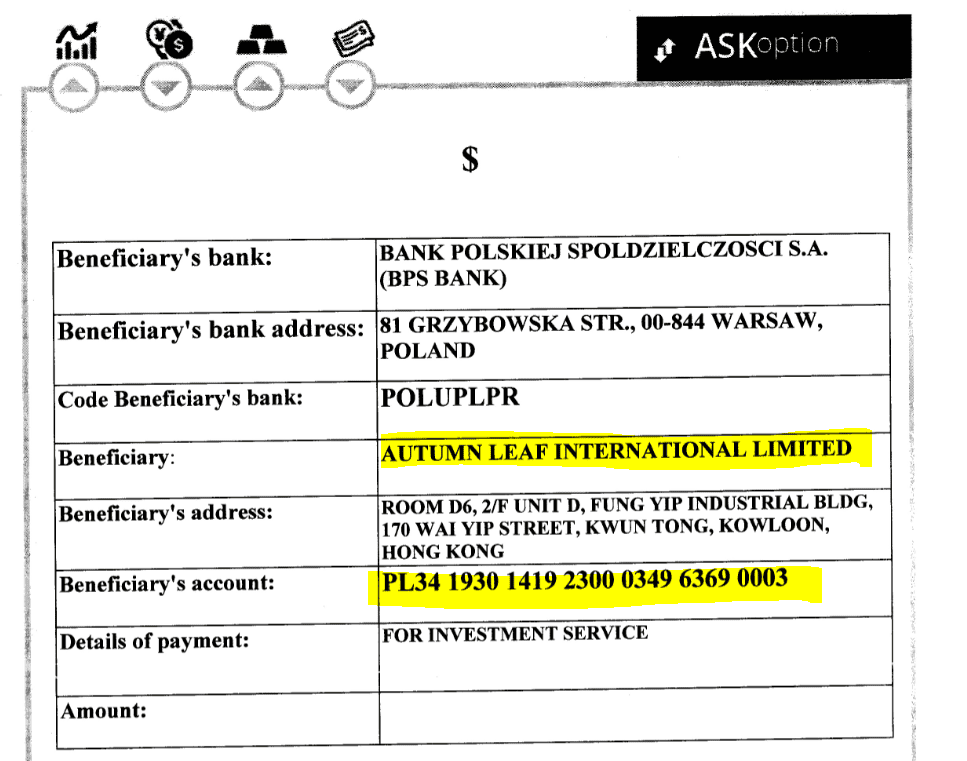ASKoption payment confirmation to Autumn Leaf International