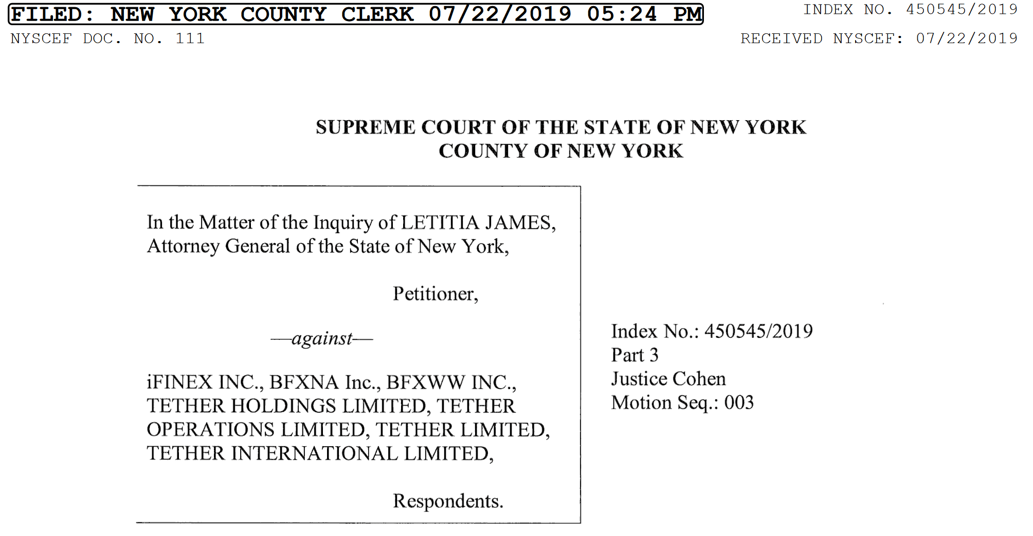 iFinex response to New York General Attorney
