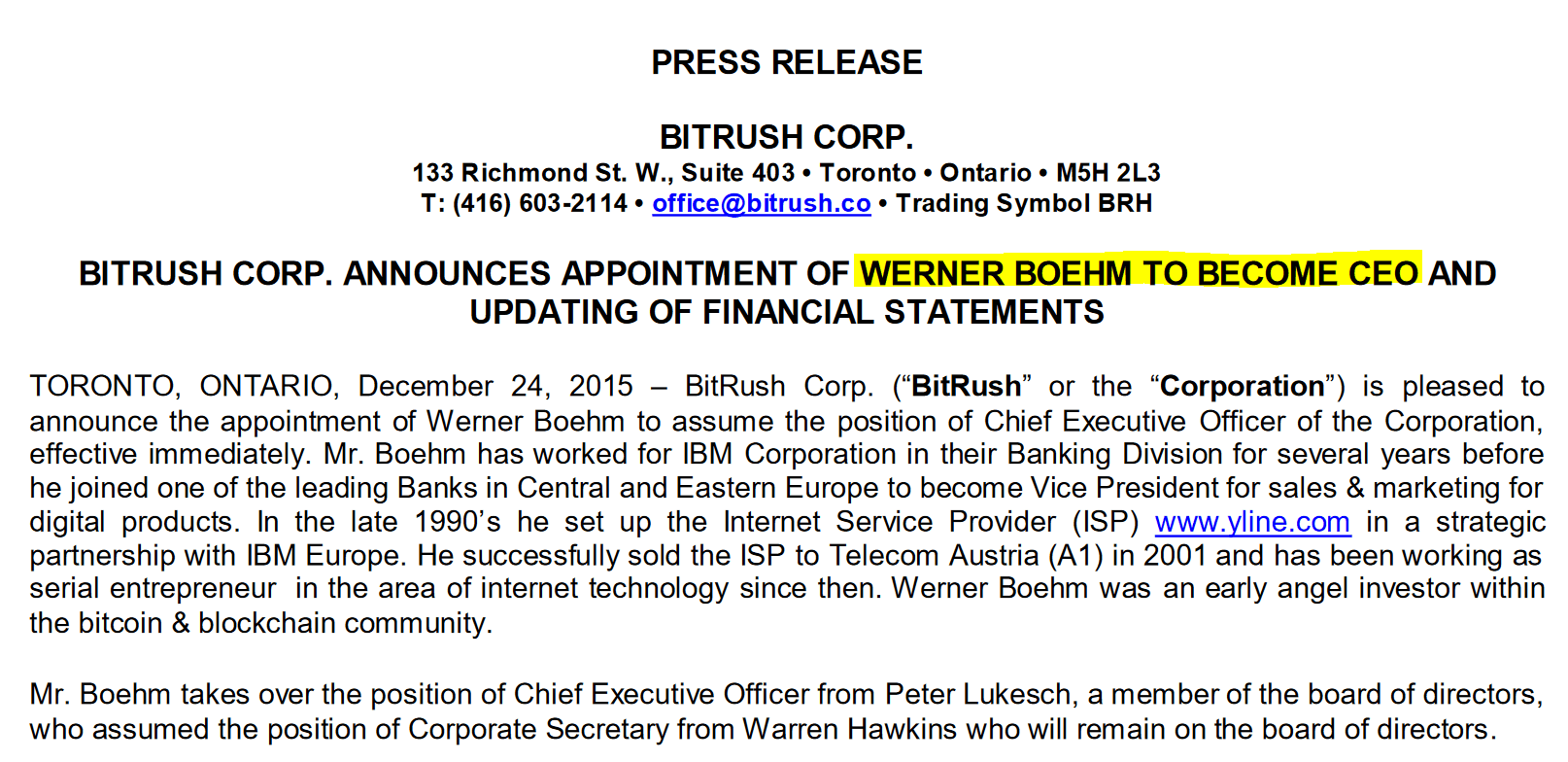 BitRush Corp and Werner Boehm