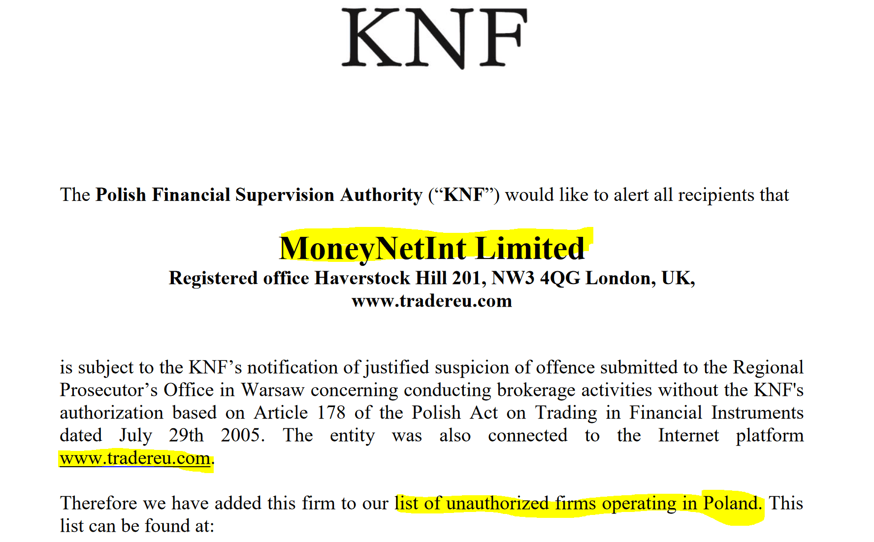MoneyNetINt received investor warning from Polish regulator