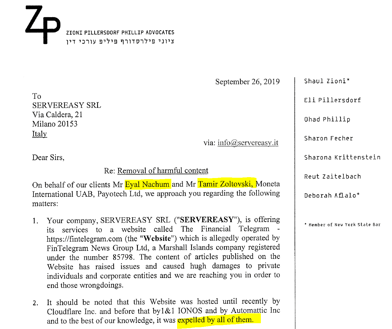 ZP Advocates defamation FinTelegram Eyal Nachum Tamir Zoltovski