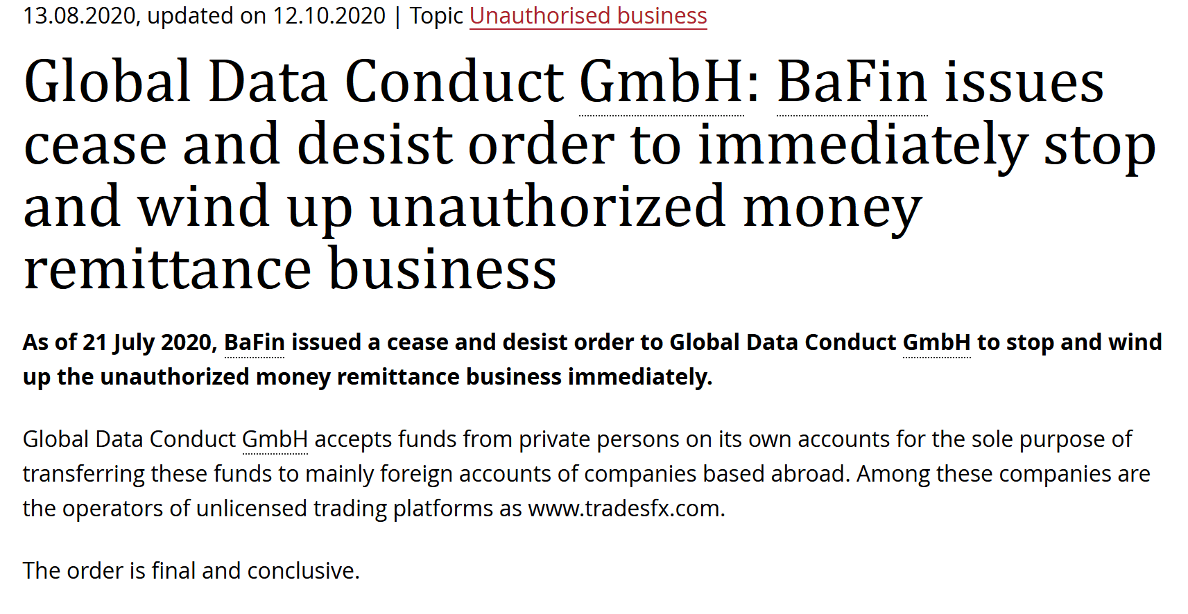 BaFin cease and desist order against illegal payment processor Global Data Conduct