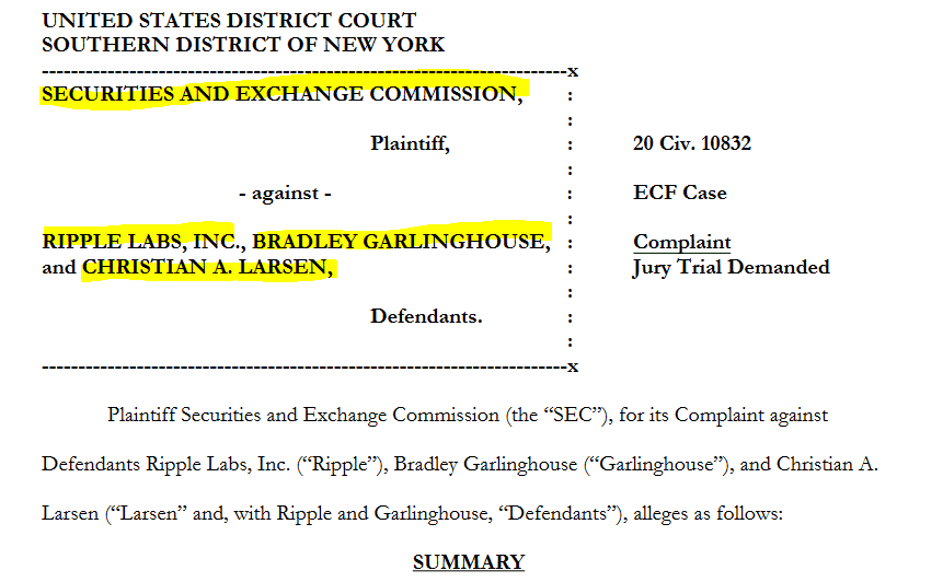 SEC complaint against Ripple Labs