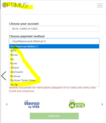 Optimus Markets scam an its payment options