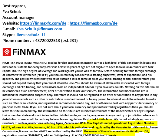 Finmax email signatures with Max Capital in Vanuatu and Gateline in Lithuania