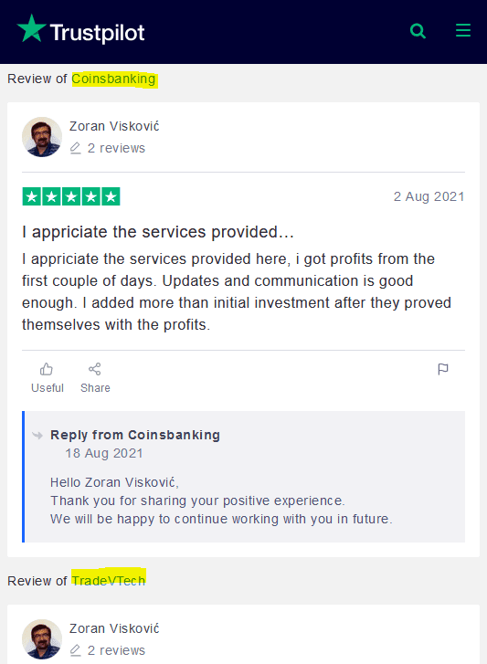 CoinsBanking and TradeVTech on Trustpilot