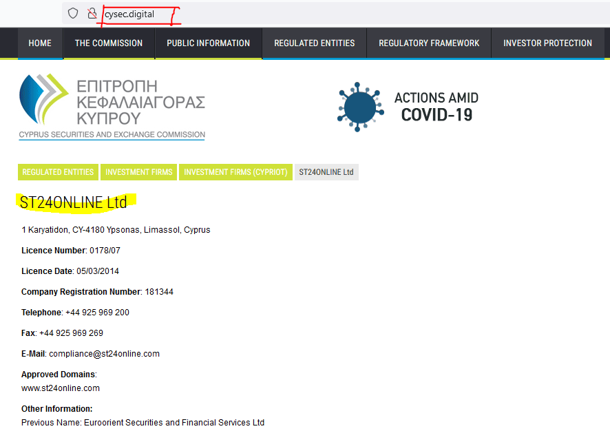 ST24ONLINE broker scam works with fake CySEC registry page