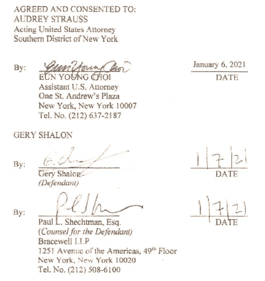 Gery Shalon signed the Forteiture Order in January 2021