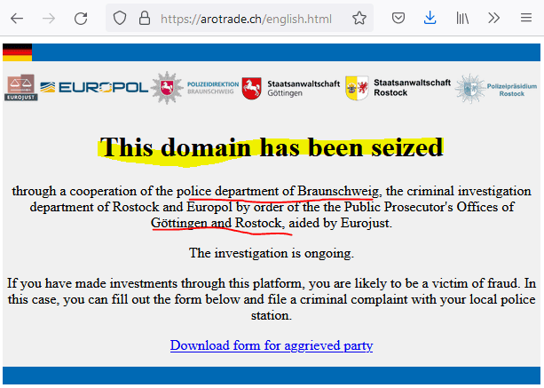 German prosecutors seized Arotrade and other domains