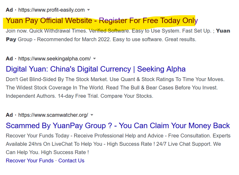 Fraudulent YuanPay campaign promoted via Google ads