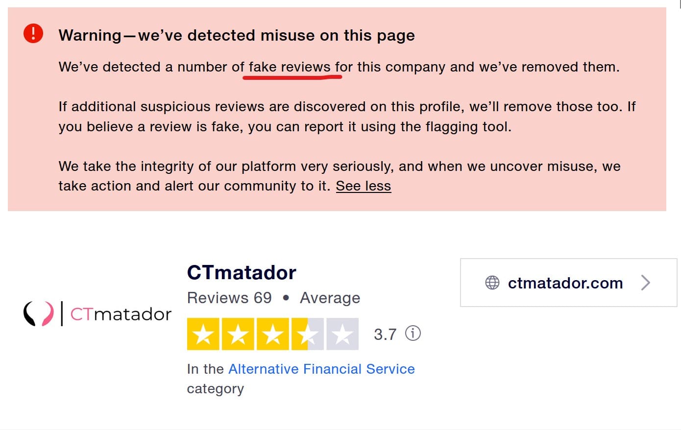 Trustpilot identified fake reviews of CTMatador broker scam