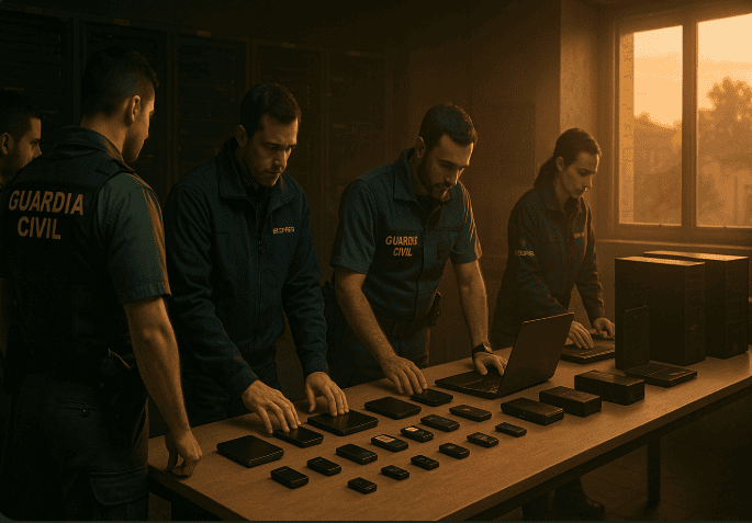 Guardia Civil officers, supported by Europol analysts, catalogue seized crypto wallets and servers during a dawn raid in Tenerife.